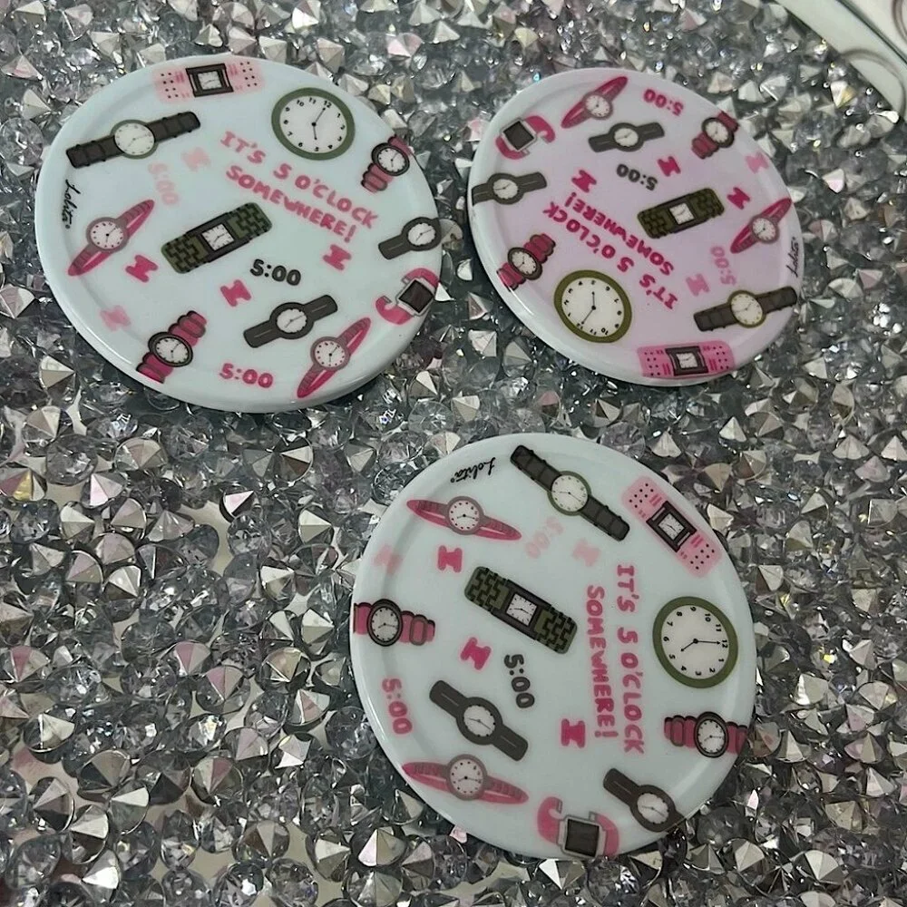 3 coasters it’s 5 o’clock somewhere pink purple blue Fun Clock-Themed drinkware